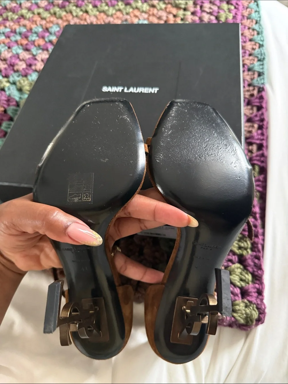 Saint Laurent Brown Suede YSL Logo Heel Sandals - Picture 2 of 3